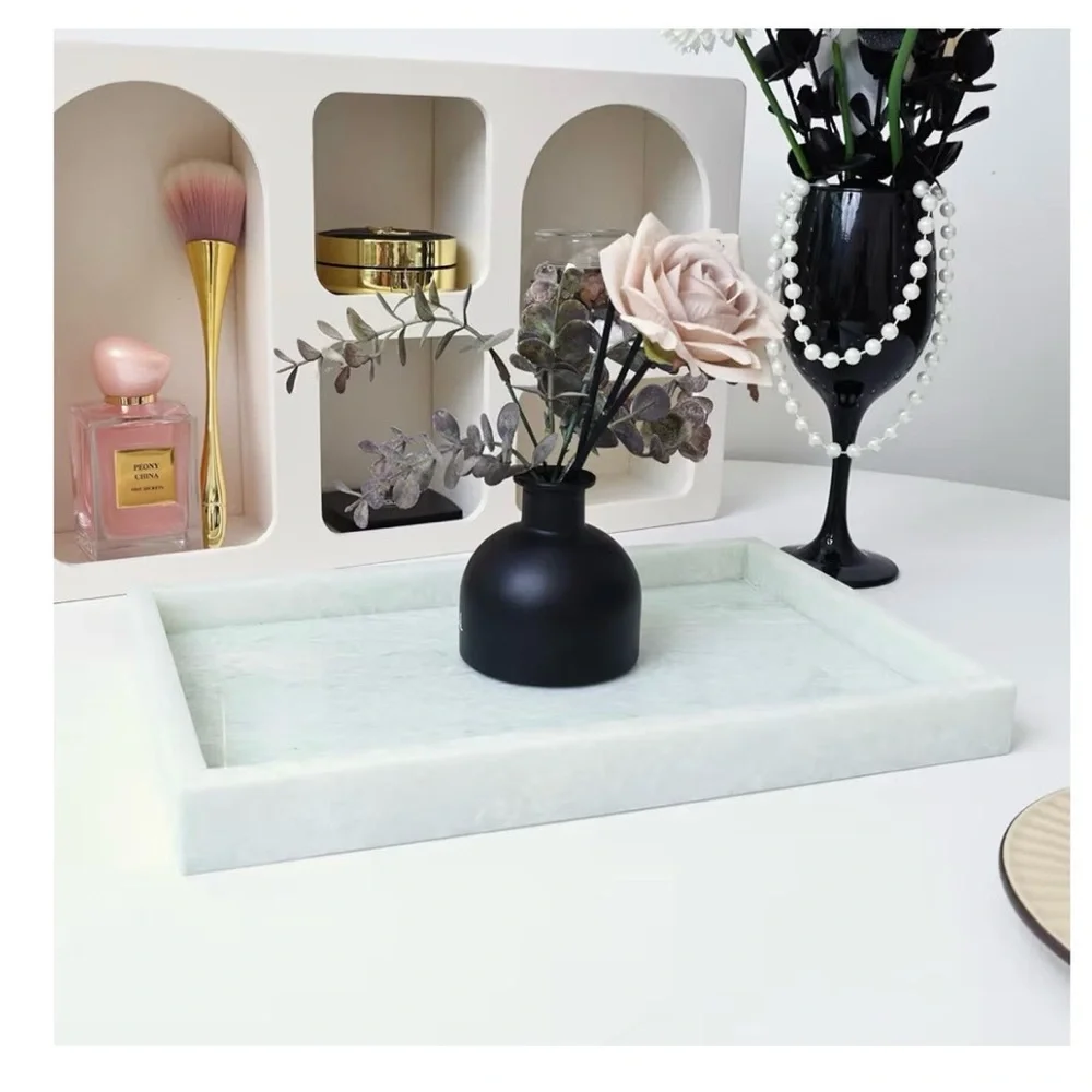 Natural Marble Vanity Tray, Luxury Stone with Light Green Textures Serving Tray